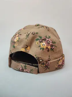 کلاه لئونی گلدار کتان رنگ کرم کد 1611