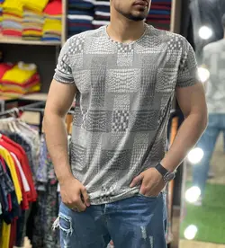 تیشرت ژاکاردپنبه با ضمانت شطرنجی طوسی