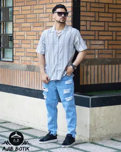 پیراهن لنین یقه انگلیس طوسی خط درشت