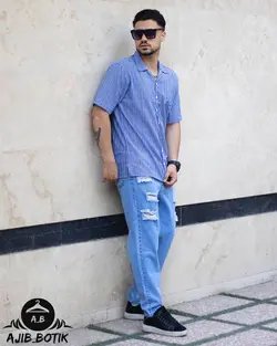 پیراهن لنین یقه انگلیس  آبی خط مشکی