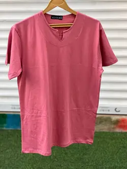 تیشرت یقه کوبایی پنبه ساده گلبهی