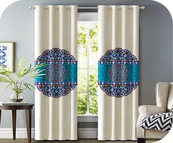 پرده چاپی نشیمن سفید + طرحدار سنتی آبی - هازان داتیس کد S484