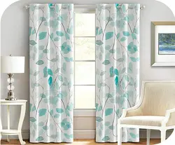 پرده چاپی زمینه سفید + طرح برگ (سبزآبی) - هازان داتیس کد S326