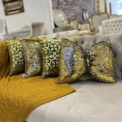 ست کوسن 4 عددی طرح اسلیمی مخمل سبزروشن چرم طلایی