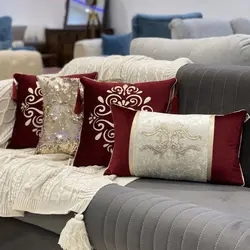 ست کوسن 4 عددی طرح داماس مخمل زرشکی چرم بژ