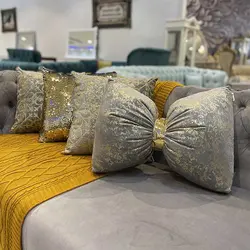 ست کوسن 4عددی طرح اسلیمی مخمل طوسی وچرم طلایی