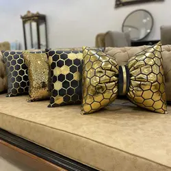 ست کوسن4عددی طرح شانا مخمل نوک مدادی چرم طلایی