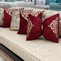ست کوسن 4عددی طرح اطلس مخمل زرشکی چرم طلایی اکلیلی