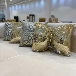 ست کوسن 4 عددی طرح اسلیمی طلاکوب طوسی چرم طلایی