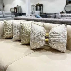 ست کوسن 4 عددی طرح اسلیمی مخمل طلاکوب کرم چرم طلایی