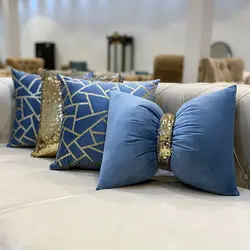ست کوسن 4 عددی طرح خرده شیشه مخمل آبی چرم طلایی اکلیلی