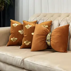 ست کوسن 3 عددی طرح سنجاقک مخمل نارنجی چرم طلایی