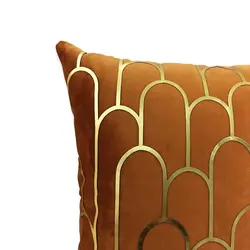 کوسن مربعی طرح کسری مخمل نارنجی چرم طلایی