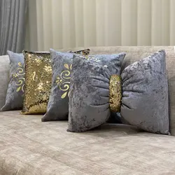 ست کوسن 4 عددی طرح داماس مخمل طوسی چرم طلایی