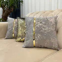 ست کوسن 3 عددی طرح ترکیبی پتینه طوسی بژ و مخمل طوسی