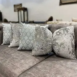 ست کوسن 4 عددی طرح موج مخمل آبی روشن چرم نقره ای اکلیلی