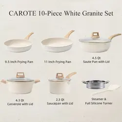 سرویس قابلمه 10 پارچه برند CAROTE| قابلمه|ماهیتابه|ست آشپزی نچسب|گرانیت سفید|PFOS| بدون PFOA|زمان تحویل 2 تا 3 هفته کاری