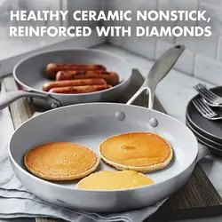 سرویس ماهیتابه 2 پارچه برند GreenPan|مدل ‎ ‎CC000016-001| خاکستری روشن|Venice Pro|COMINHKG130561|ظروف فلزی سرامیکی سالم و نچسب|100% بدون سموم| فولاد ضد زنگ|8 اینچ و 10 اینچ |قابل شستشو در ماشین ظرفشویی| ایمن در فر| زمان تحویل 2 تا 3 هفته کاری