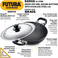 ماهیتابه برند Hawkins |مدل ‎‎Q57|ماهیتابه نچسب|ته گرد با درب استیل| 4 لیتری| مشکی|Futura|Kadhai| زمان تحویل 2 تا 3 هفته کاری