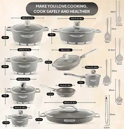 ست ظروف آشپزی 23 تکه-ست قابلمه و ماهیتابه LIFE SMILE آلومینیومی | Cookware Set 23 pieces-LIFE SMILE Pots and Pans set Aluminum | تحویل 2 تا 3 هفته کاری