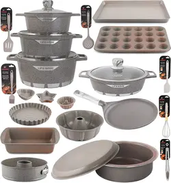 ست ظروف آشپزی 27 عددی- قابلمه و ماهیتابه LIFE SMILE و ست پخت، روکش نچسب گرانیت بدون PFOA شامل کاسه، ماهیتابه، قابلمه مقلوبا، ست پخت، ظروف آشپزخانه | تحویل 2 تا 3 هفته کاری