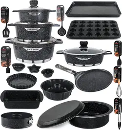 ست ظروف آشپزی 27 عددی- قابلمه و ماهیتابه LIFE SMILE و ست پخت، روکش نچسب گرانیت بدون PFOA شامل کاسه، ماهیتابه، قابلمه مقلوبا، ست پخت، ظروف آشپزخانه | تحویل 2 تا 3 هفته کاری