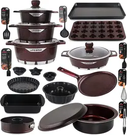 ست ظروف آشپزی 27 عددی- قابلمه و ماهیتابه LIFE SMILE و ست پخت، روکش نچسب گرانیت بدون PFOA شامل کاسه، ماهیتابه، قابلمه مقلوبا، ست پخت، ظروف آشپزخانه | تحویل 2 تا 3 هفته کاری