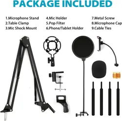 پایه میکروفون AccLoo |ضبط با پایه شوک| نگهدارنده میکروفون| فیلتر پاپ| آداپتور 3/8 تا 5/8 اینچ| گیره میز| درپوش میکروفون| بست کابل- زمان تحویل 2 تا 3 هفته کاری
