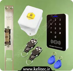 پکیج اکسس کنترل رمز، کارت و ریموت درب آپارتمان = قفل برقی سارو اسپانیا + اکسس کنترل T10 + رسیور قفل برقی + ریموت + تگ