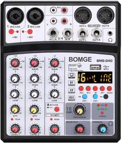 میکسر صدای ۴ کاناله همراه فانتوم پاور BOMGE 04D portable bluetooth 4 Channel DJ audio sound mixer mixing-ارسال 10 الی 15  روز کاری