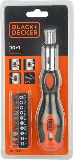 پیچ گوشتی ضامن دار مدل Black &amp; Decker 10 Pieces Bimaterial Steel Multibit Ratcheting Screwdriver with Bits - ارسال 10 الی 15 روز کاری