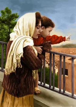 نخ و نقشه مادر و کودک در بالکن