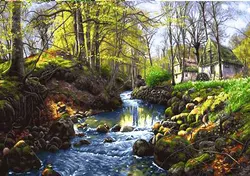 نخ و نقشه تابلوفرش کلبه و جویبار