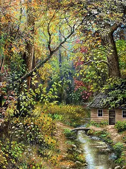 نخ و نقشه تابلو فرش منظره کلبه جنگلی