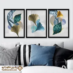 تابلو دکوراتیو مدل انتزاعی برگ و گل مجموعه 3 عددی کد 9049 رنگ مشکی
