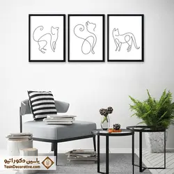 تابلو دکوراتیو مینیمال لاین آرت طرح گربه مجموعه 3 عددی