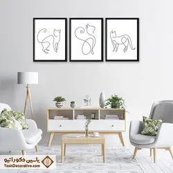 تابلو دکوراتیو مینیمال لاین آرت طرح گربه مجموعه 3 عددی