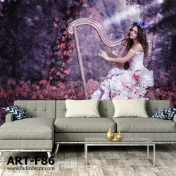 کاغذ دیواری سه بعدی تصویر زن دختر در حال نواختن چنگ در جنگل پاییزی