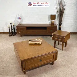 میز جلومبلی چوبی مدرن کشو دار مدل ۱۳۰ سهیل (روکش طبیعی چوب بلوط)