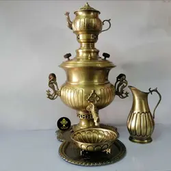 سماور زغالی 7 لیتر برنجی لب دار با سرویس مدل استکانی با مهر روس