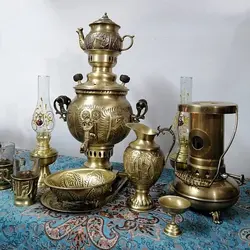 سرویس سماور 2/5 لیتر زغالی برنجی آنتیک 11 تکه (کل تصویر)