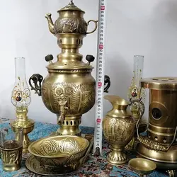 سرویس سماور 2/5 لیتر زغالی برنجی آنتیک 11 تکه (کل تصویر)
