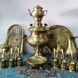 سرویس سماور زغالی برنجی آنتیک نانو 21 تکه (کل تصویر)
