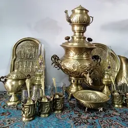 سرویس سماور زغالی برنجی آنتیک نانو 21 تکه (کل تصویر)