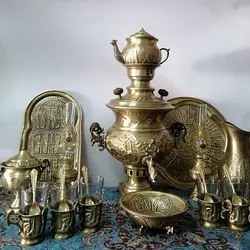 سرویس سماور زغالی برنجی آنتیک نانو 21 تکه (کل تصویر)