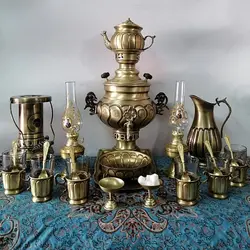 سرویس سماور زغالی برنجی آتشی آنتیک 22 تکه (کل تصویر)