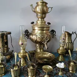 سرویس سماور زغالی برنجی آتشی آنتیک 22 تکه (کل تصویر)