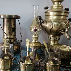سرویس سماور زغالی برنجی آتشی آنتیک 22 تکه (کل تصویر)