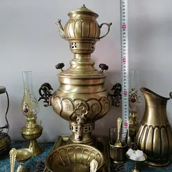 سرویس سماور زغالی برنجی آتشی آنتیک 22 تکه (کل تصویر)