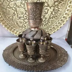 سماور ذغالی آتشی برنجی طرح گل با گالش و قندان و قاشق سرویس 19 تکه - گالری جهان نما